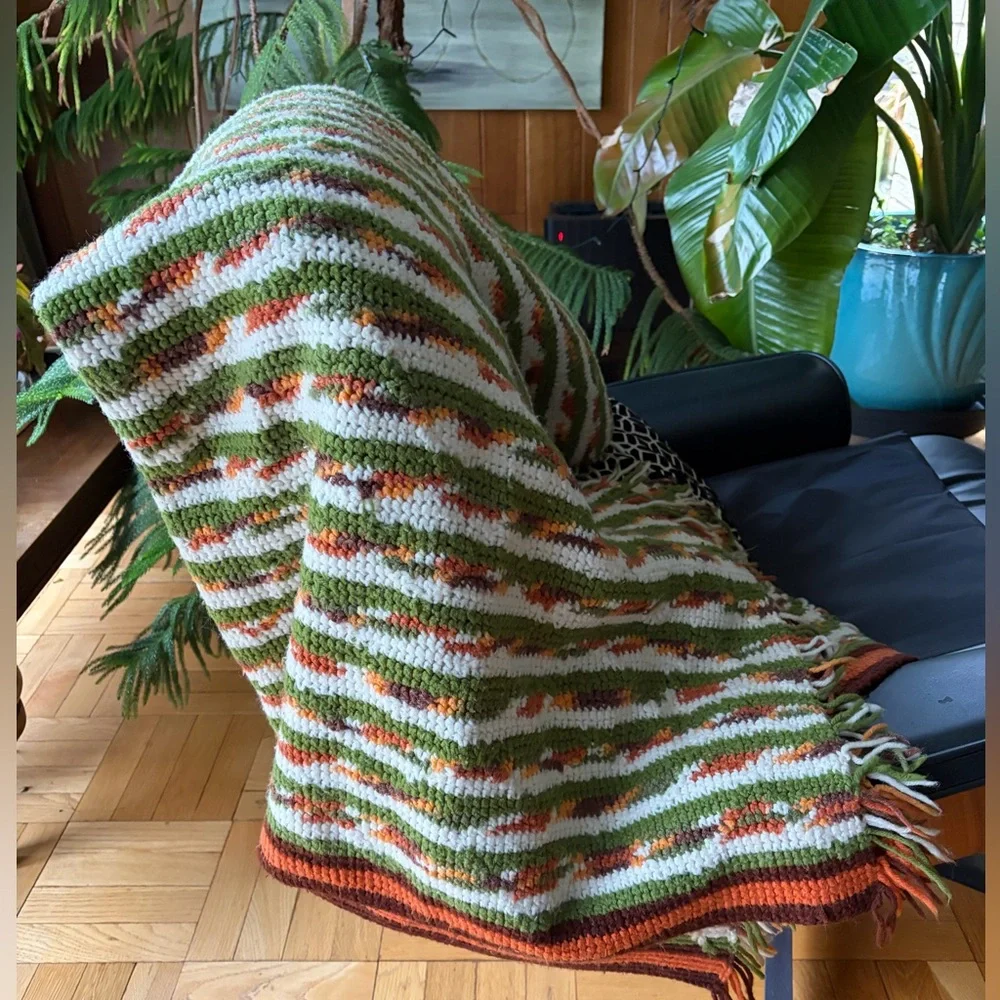 Handmade Cozy Striped Crochet Throw Blanket Green Orange &White 64” x 54” MCM